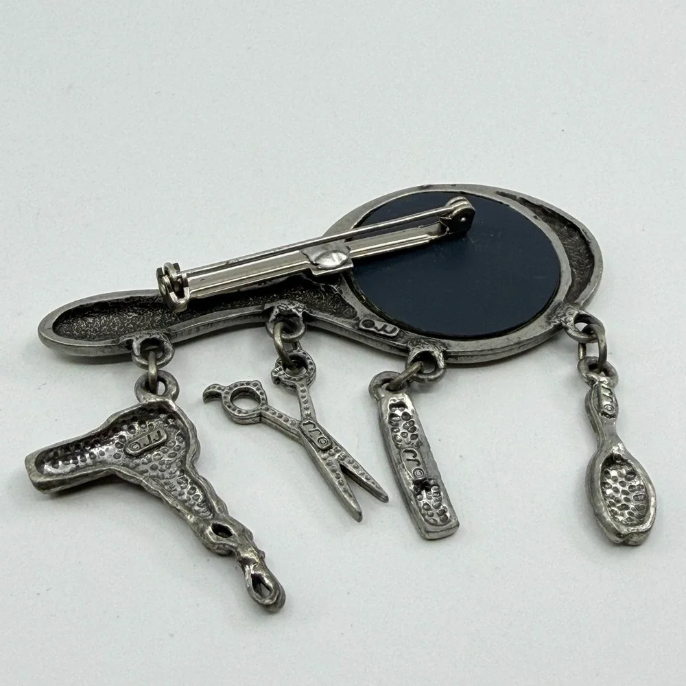 Hair Stylist Mirror Brooch Pin Silver Tone Comb Scissors Dryer Dangle Charms
